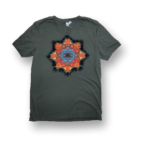 (image for) Adult V Neck T - Mandala on Military Green